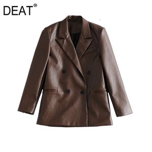 Col Nothced Manches longues Colar marron foncé Double boutonnage PU Cuir Mode Qualité Blazer Femme Top WN 210421