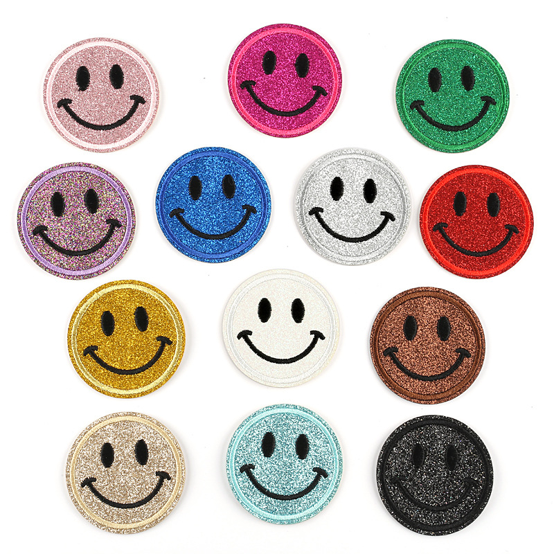 Notions 13 Colors Glitter Smiley Face Iron on Patches Cute Embroidered Patch for Clothes Hats Jackets Bags Self Adhesive Appliques DIY Accessory