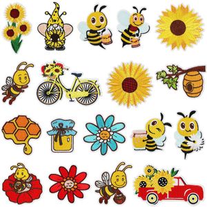 Noties 18 stuks bijen bloem geborduurd ijzer op patches schattige zonnebloem fiets patch applique voor kleding jurk hoed jeans naaiendecoraties