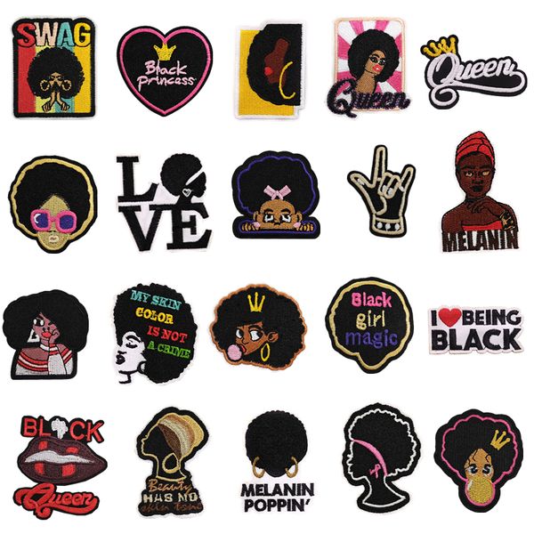 Notions 20 Pcs Black Girl Parche bordado para ropa Cute Afro Girl Iron on Patches Apliques para ropa Zapatos de vestir Sombreros Bolsas DIY Craft