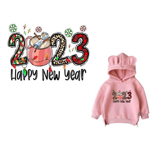 Notions 2023 Happy New Year Patchs thermocollants pour vêtements, décalcomanies de transfert sur t-shirts, sweats à capuche, housses d'oreiller, autocollants de transfert de chaleur lavables