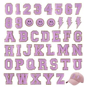 Bepaal 38 stuks Purple Glitters Patches IJzer op letters Large Chenille A-Z Gepersonaliseerde decoratieve reparatie geborduurde patch voor kledinghoeden schoenen jeans tassen