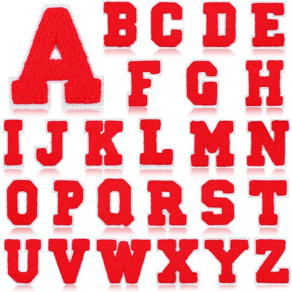 Notions - Parches para planchar con letras de chenilla, 52 piezas, para coser en rojo, blanco, amarillo, parche Varsity A-Z, alfabeto, apliques bordados para suministros de bricolaje