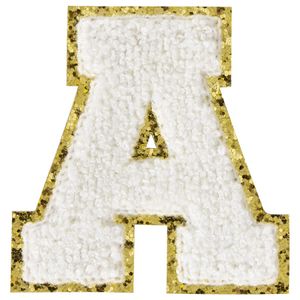 Noties Chenille Letter Patches met gouden glitters naaien varsity initi￫le patch wit ijzer op alfabetapplicaties voor teamkostuumdecoratie 8 cm