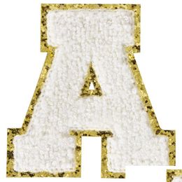 Notions Lettres en chenille avec paillettes dorées à coudre sur les initiales de l'université en fer blanc Appliques pour décoration de costume d'équipe Drop D