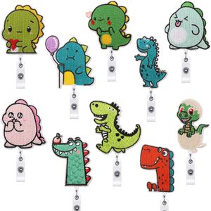 Noties dinosaurus Emboridered intrekbare badge reels houder met legering alligator clip schattige cartoon dier id kaart decoratieve badge naam tag houders