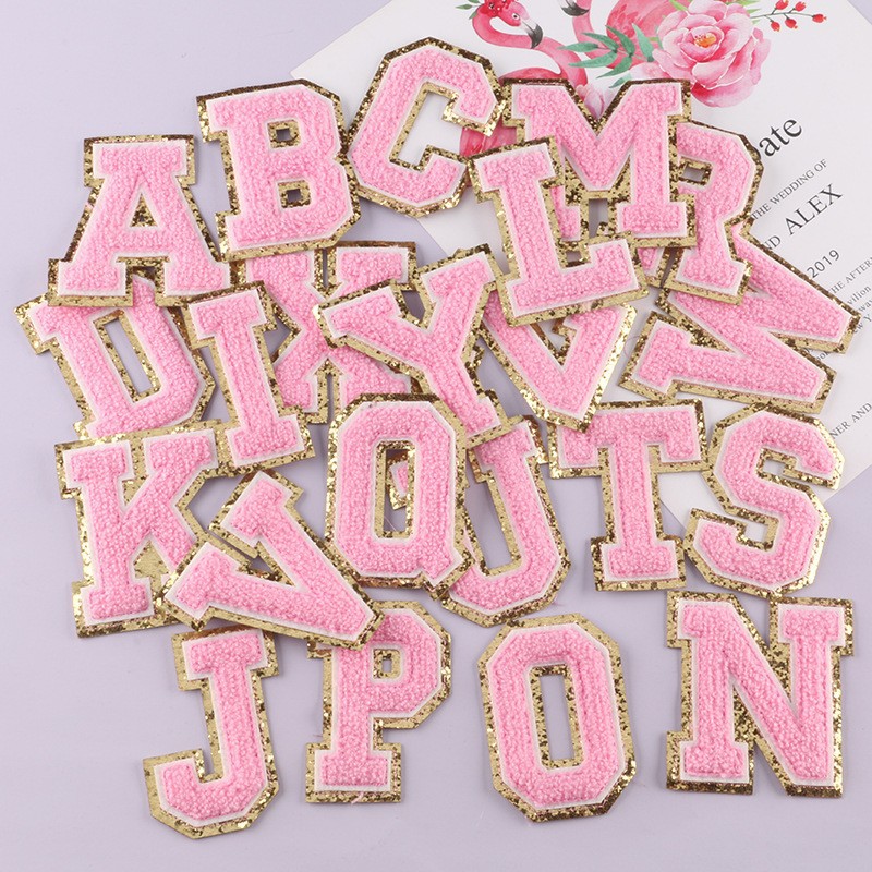 Nociones Diy Toalla de bordado Patch Alphabet Inicial Glitter Varsity Lettes de hierro en chenille Cosew Letters apliques pegatinas