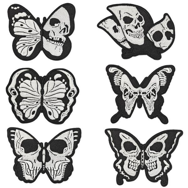 Notions Halloween Patch thermocollant crâne papillon brodé noir et blanc avec emblème à coudre pour vêtements, vestes, jeans, sacs à dos