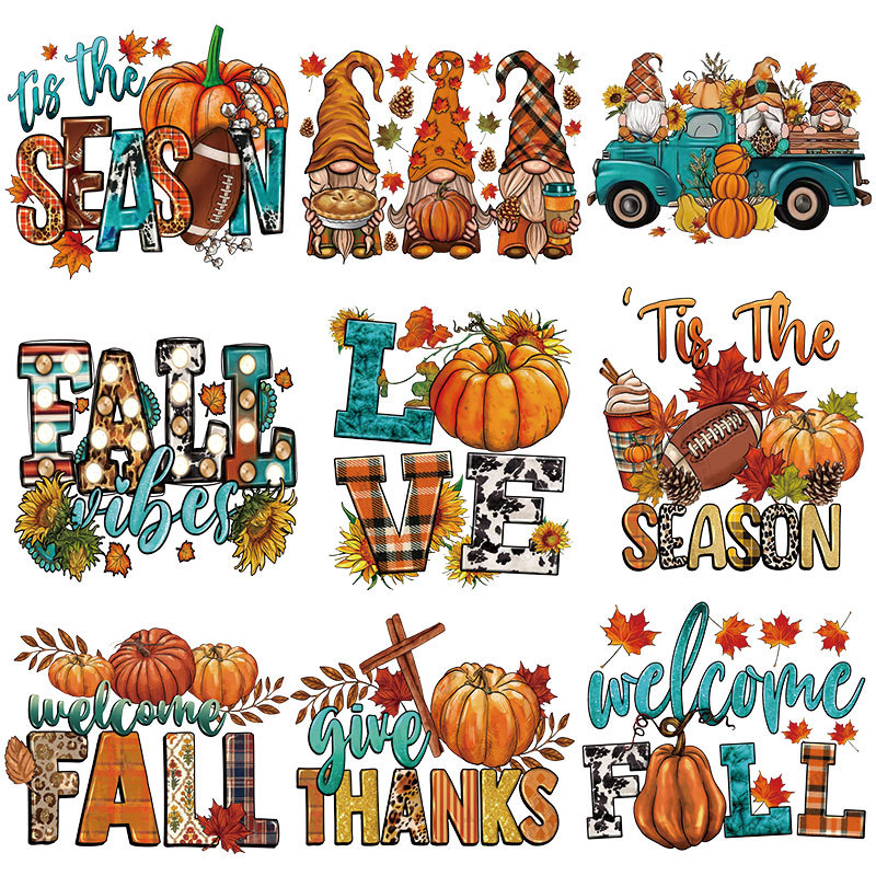 Notions Iron on Decal Pumpkin Patches Appliques Fall Thanksgiving Series Heat Transfer Stickers Washable for T-Shirt Clothing Pillow Backpack DIY Craft Supplies