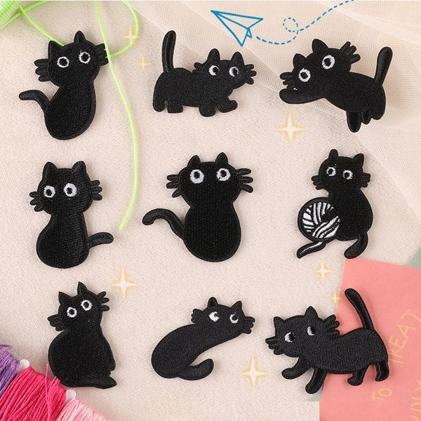 Notions Patch thermocollant divers patchs de chat de dessin animé noir Badge brodé Coudre sur des appliques Accessoires de bricolage pour vêtements Jeans Vestes