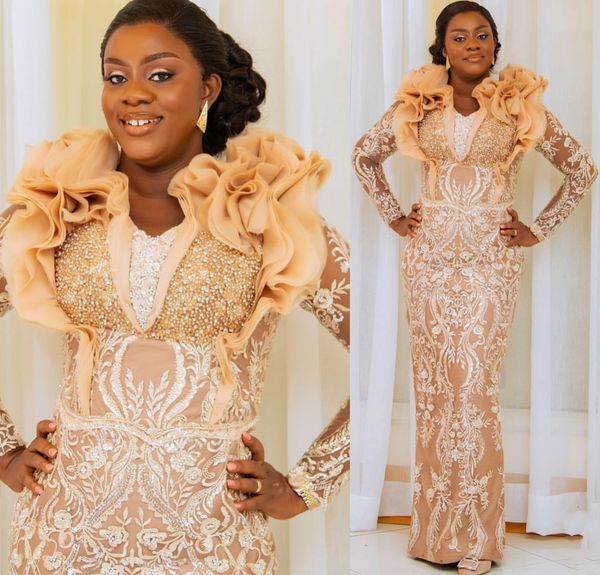 Nov aso ebi arabe gaine champagne la mariée robes en dentelle de la soirée perle du soir de fête formelle anniversaire célèbre célèbre de robes de mariée habille zj mor