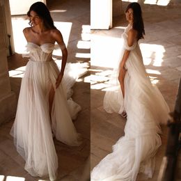 Nova een Milla Line -jurk uit schouder Lacefull Country Wedding Jurken Backless Digh Split Vestidos de Novia Sweep Train Designer Bridal Ghows Es Signer