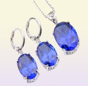 Novel LuckyShine 5 Sets Delicate Ellipse Fire Blue Topaz Cubic Zirconia 925 Silver Pendants kettingen oorbellen cadeau bruiloft juwelen juwelen
