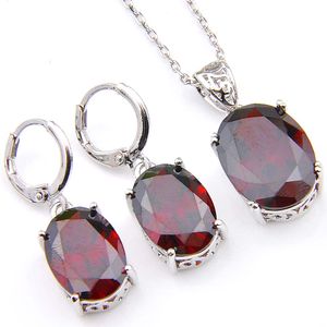 Luckyshine 5 ensembles de bijoux ovales en grenat rouge, pendentifs en argent, colliers et boucles d'oreilles, bijoux de mariage pour cadeau de noël