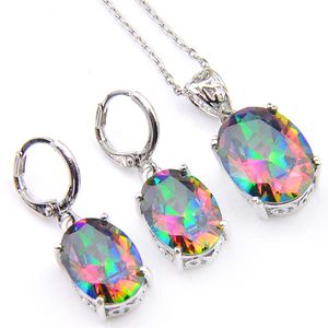 Luckyshine – ensemble de bijoux en Zircon, 5 ensembles de pierres précieuses de topaze mystique Ellipse arc-en-ciel, pendentifs en argent 925, colliers et boucles d'oreilles, ensembles de bijoux en Zircon