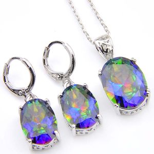 Luckyshine 5 ensembles Ellipse mystique arc-en-ciel bleu topaze gemmes 925 argent pendentifs colliers boucles d'oreilles vacances mariage bijoux ensembles nouveau