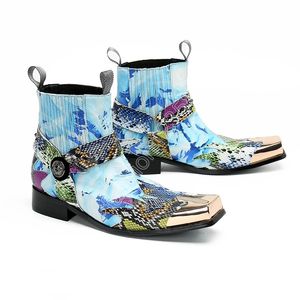 Novedosos botines de punta cuadrada con estampado Multicolor para hombre, botas cortas de fiesta para hombre a la moda de invierno, zapatos de cuero de gran tamaño para hombre