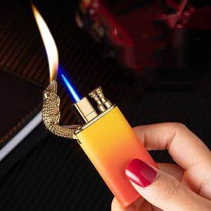 Novela antorcha encendedores coloridos Jet Blue Flame Metal cocodrilo encendedor a prueba de viento doble fuego dragón encendedor señora hombre fumar regalo