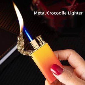 Novel Torch Kleurrijke Aanstekers Jet Blue Flame Metal Crocodile Lichter Winddicht Double Fire Dragon Lichter Man Roken Gift