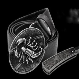 Nouveauté ceinture en cuir Cowskin délicate ceinture de personnalité de boucle Scorpion Cross chanceux avec des couteaux de défense8320886