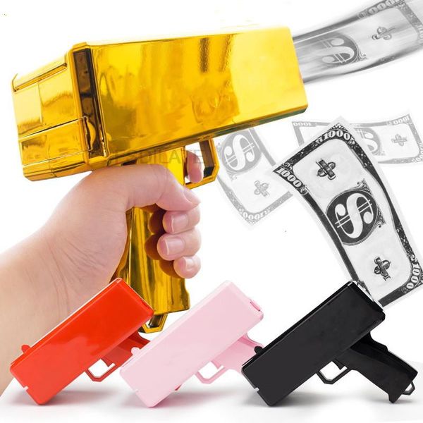 Jeux de nouveauté Pistolet à billets Jeux de fête Pistolet Jouets de fête Jeux Cash Cannon Pistolet à jouets amusants pour billets de banque Mariage Doré 100pcs faux billets de banque 230710