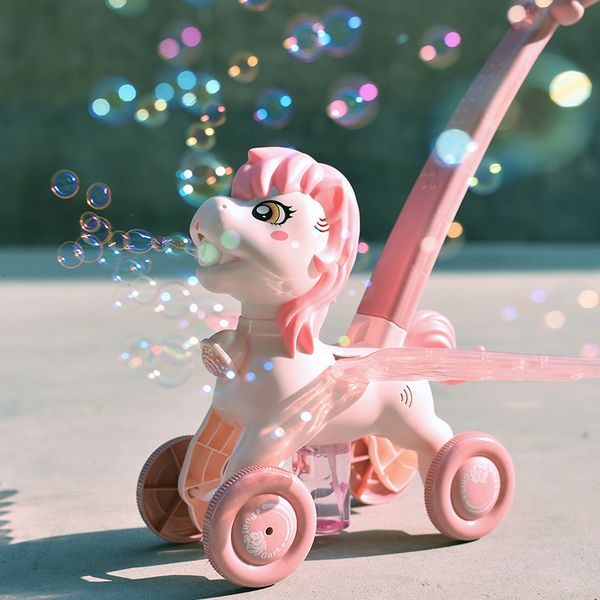 Juegos novedosos Máquina de burbujas Máquina eléctrica para niños Empuje de mano Dibujos animados Unicornio Burbuja Coche Música Iluminación Juguetes para niños Jabón Agua Cumpleaños 230609