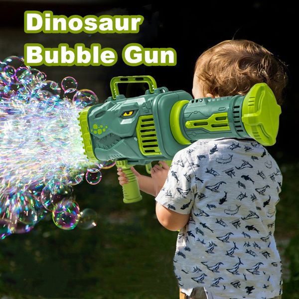 Juegos novedosos est Dinosaur Bubble Machine Toy 32 Hoyos Divertido Eléctrico Automático Bazooka Bubble Maker Pistola Fiesta al aire libre Juguetes para niños Regalos 230609