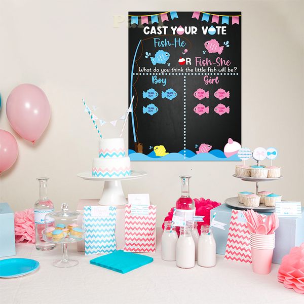 Juegos novedosos Gone Fishing Género Reveal Poster Party Game Guess Infant Gender Indoor Vote Toy Baby Shower Decor Juegos interactivos con invitados 230625
