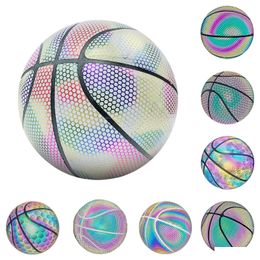 Giochi di novità Giochi di novità Palla da basket luminosa Riflettente olografico Illuminato Flash Pu Resistente all'usura Incandescente Gioco di sport notturni Dhrx8