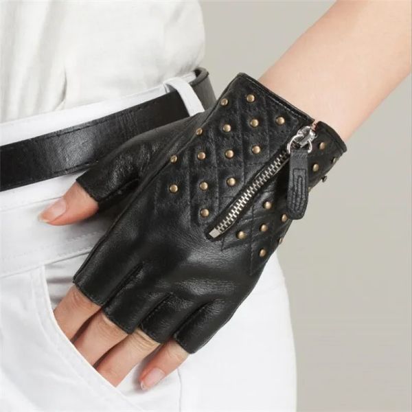 Nouveauté gants en cuir authentiques hommes et femmes gants de conduite sans doigts noirs fashion rivet zipper mittens en peau de mouton