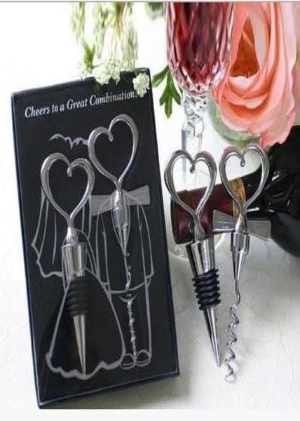 Nouveauté Grande combinaison de mariage Favors Chrome Heart Bottle Stopper Botper Bottle Opender Metal Couchscrew Luxury Packaging6141058