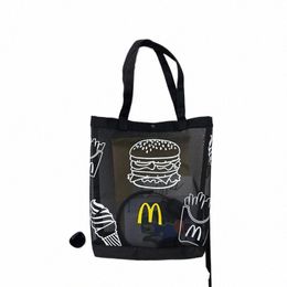 nouveauté Hamburger alimentaire périphérique Mesh fourre-tout pliable sac de plage léger Shopper portable Fi élégant sac d'épicerie noir k7Hf #