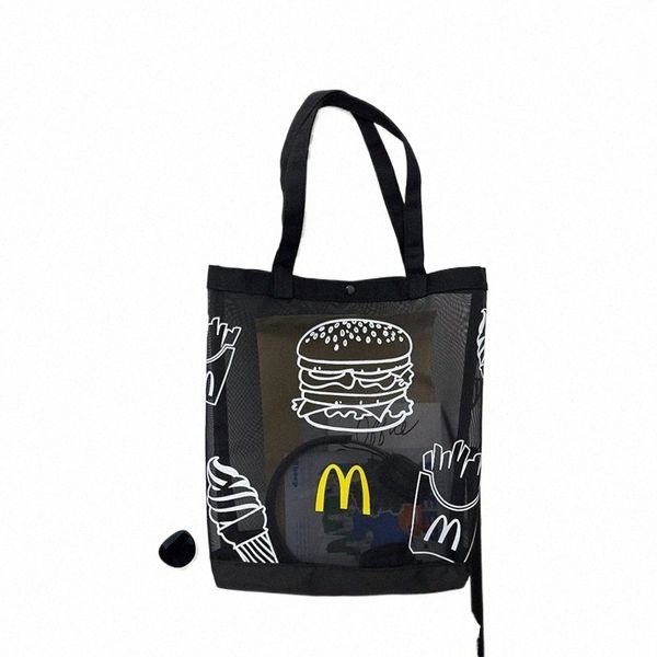 Novedad Hamburguesa Comida Periférica Malla Tote Bolsa de playa plegable Comprador ligero Portátil Fi Elegante Bolsa de comestibles Negro k7Hf #