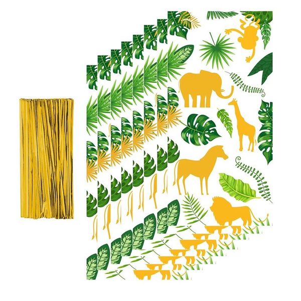 Articles de nouveauté 240pcs vert or jungle animaux feuilles de palmier en plastique bonbons goodie sacs avec des attaches torsadées pour la fête d'anniversaire de douche de bébé