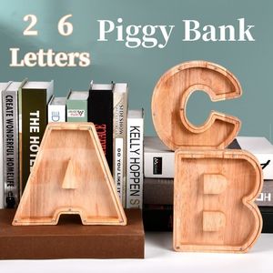 Novelty Items 26 Letters English Piggy Bank Wooden Coin Money Saving Box Jar Coins Storage Desktop Ornament Home Decor Crafts Xmas Gift 230428
