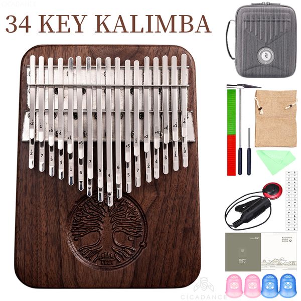 Artículos novedosos 34 teclas Kalimba B Tono Pulgar Piano Doble capa Calimba Profesional Negro Nogal Principiantes Teclado Instrumento con accesorios 230727