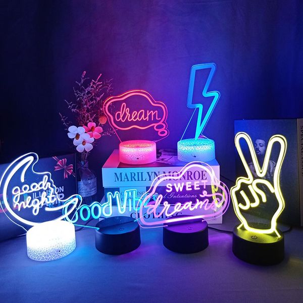 Articles de nouveauté 3D LED Night Light Room Decor Good Vibes Dream Open Hello Flash Neon Sign Lampe de table pour la fête à la maison Décor de mariage 716 couleurs 230904