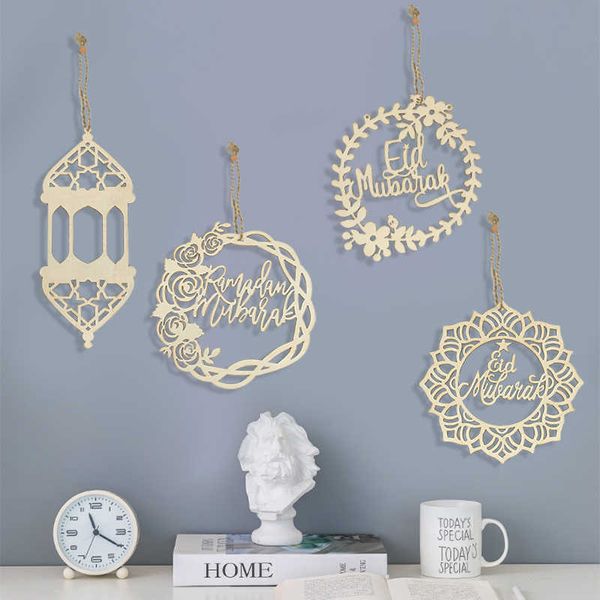 Artículos novedosos 5 uds colgantes de madera Eid Mubarak Ramadán caída DIY Eid Mubarak decoración corte de astillas de madera artesanía Islam musulmán fiesta decoración Z0411