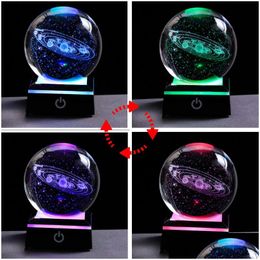 Nouveauté des articles 80 mm K9 Système solaire à boule de cristal globe Globe Astronomy Ornaments Cadeaux 3D Laser Gravé Soleil avec une goutte de base de lumière LED délivre DHPVH