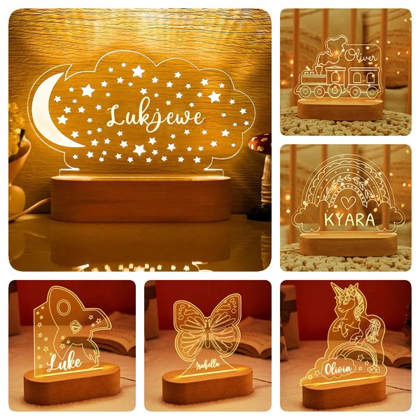 Articles de nouveauté Personnalisé Bébé Enfants USB Veilleuse Personnalisé Enfants Nom Lampe Pépinière Né Chambre Décoration De La Maison Anniversaire Cadeau De Noël 231113