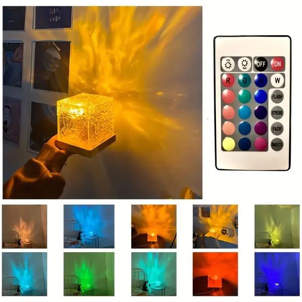 Articles de nouveauté Projecteur d'ondulation d'eau rotatif dynamique Cube de lumière de nuit Lampe en cristal de flamme colorée Table LED 231017