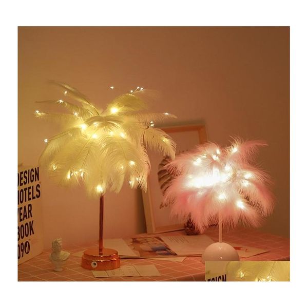 Articles de nouveauté Lampe de table en plumes de Chevet USB / Aa Alimentation par batterie DIY Creative Fairy Light Mariage Maison Chambre Décor Éclairage de nuit 2 Dhmel
