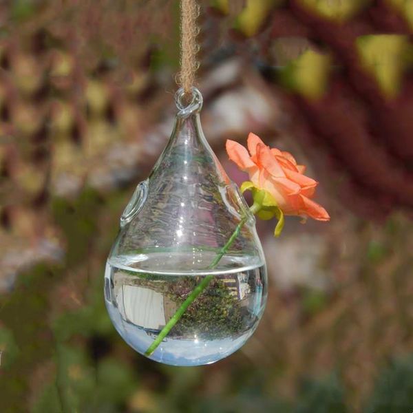 Artículos novedosos de fondo plano en forma de gota de agua, jarrón colgante de cristal para terrario, decoración del hogar, colgador de dos agujeros pequeños, accesorio en vivo para boda