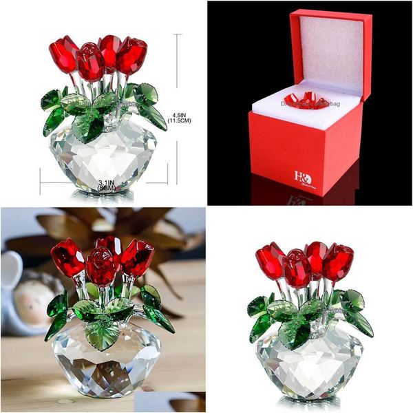 Nouveauté Articles H D Cristal Rouge Rose Fleur Figurine Printemps Bouquet Scpture Verre Rêves Ornement Maison De Mariage Décor Collection Cadeau Dhnbq