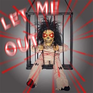 Nieuwe items Halloween Decoratie Gevangene Ghost In Cage Scary Skull Prop Electric Skeleton Toy Glowing Eye Don Doll Hangable Talking Ghost J230815