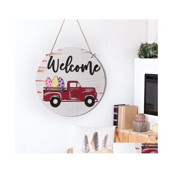 Articles de nouveauté Interchangeable Seasonal Red Truck Welcome Door Sign En Bois Rond Cintre Couronnes Signes Pour Ferme Décor À La Maison Drop D Dhlth