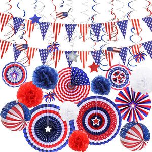 Nieuwigheid Items 4 juli Patriotische partij Pennant Banner Set USA Independence Day Holding Flag Hangende paper Fan feest Decoratie Levering Geschenken Z0411