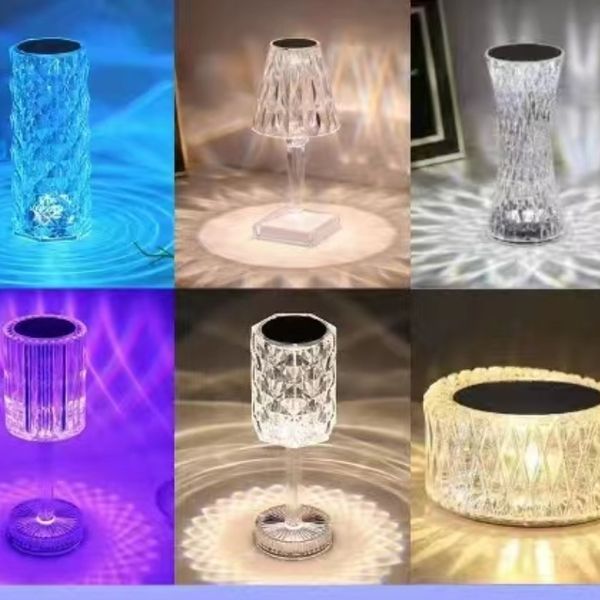 Artículos novedosos Lámpara de escritorio de proyección de luz nocturna de cristal LED Sensor táctil de carga USB Restaurante Bar Decoración Luces de mesa Lámparas de mesa acrílicas de diamante romántico