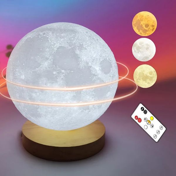 Articles de nouveauté Lune Veilleuse 360 Rotation Magnétique Atmosphère 3D Lampe de Table de Chevet avec Télécommande Tactile Gradation Led Lumières pour Chambre d'Enfants Cadeau 231017