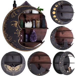 Nieuwheid items Moon Fase Cat Moth Elf Crystal Shelf Houten Wall Hangende opberg Display Rack Kandelaar Decor Decor Wall gemonteerd slaapkamer Organisator 230818